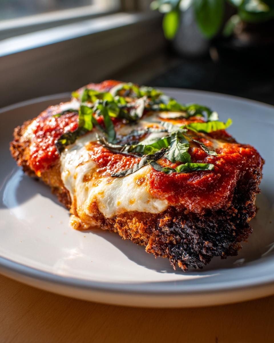 A close-up of a golden-brown chicken parmesan recipe serving, topped with melted mozzarella, rich tomato sauce, and fresh basil.