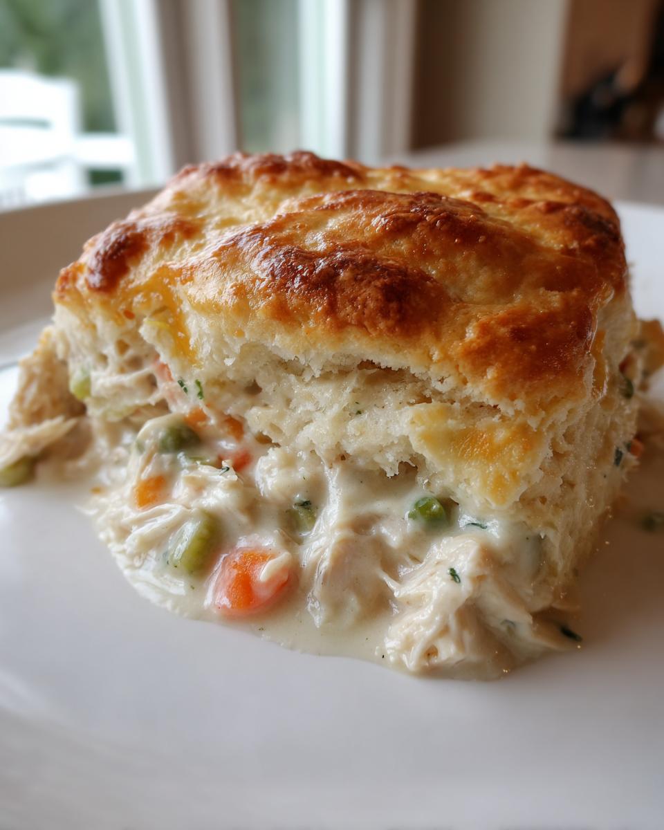 A close-up of a serving of chicken pot pie casserole topped with a golden brown biscuit, showing creamy filling with chicken, carrots, and peas.