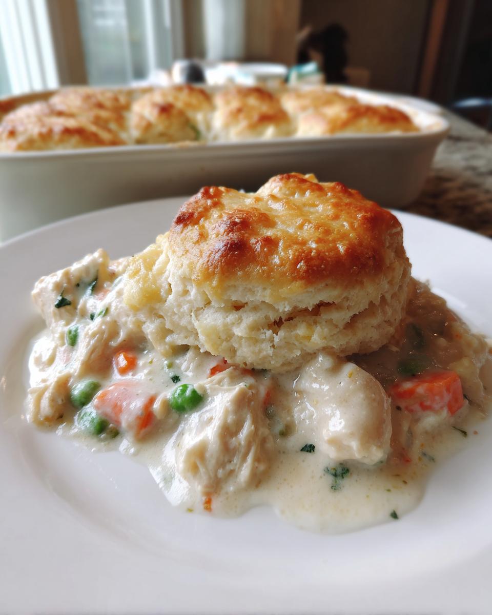 A scoop of creamy chicken pot pie casserole with peas and carrots, topped with a golden biscuit, served on a white plate.