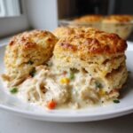 Close-up of creamy chicken pot pie casserole topped with golden biscuits on a white plate.