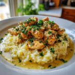 A plate of chicken scampi served over creamy garlic parmesan rice, topped with fresh parsley.