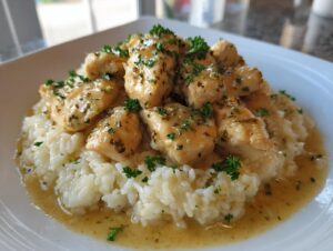 Mouthwatering chicken scampi pieces served over creamy garlic parmesan rice, garnished with fresh parsley.