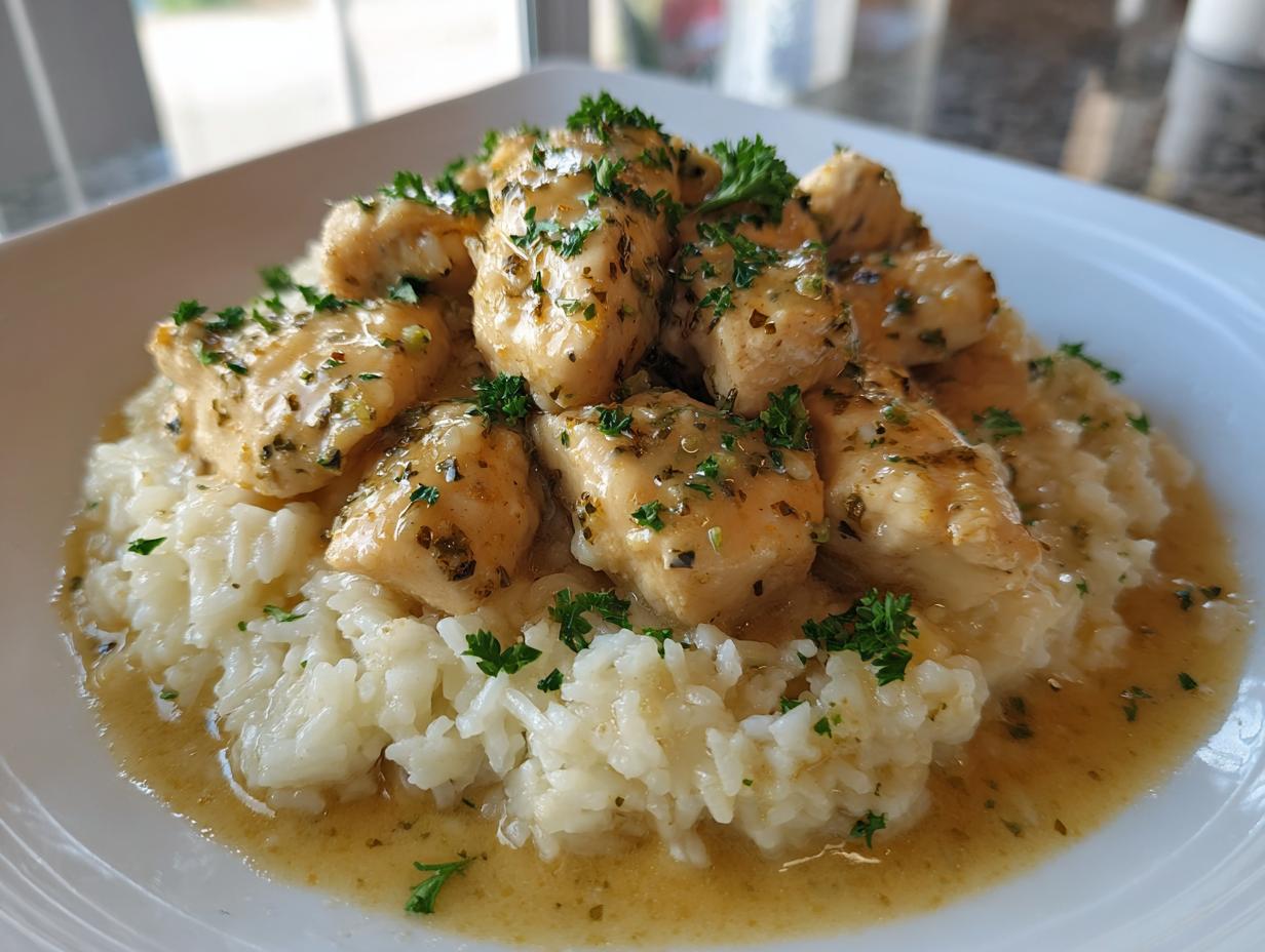 Mouthwatering chicken scampi pieces served over creamy garlic parmesan rice, garnished with fresh parsley.