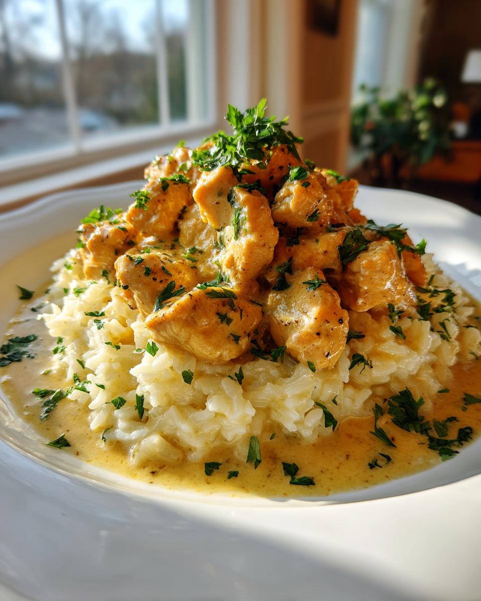 A plate of chicken scampi with garlic parmesan rice, topped with fresh parsley.