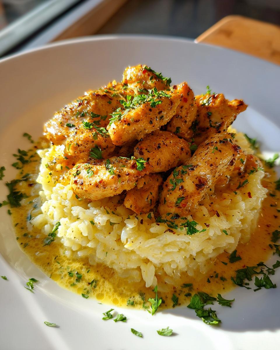 A close-up of seasoned chicken scampi pieces served over a mound of creamy garlic parmesan rice, drizzled with sauce and garnished with parsley.