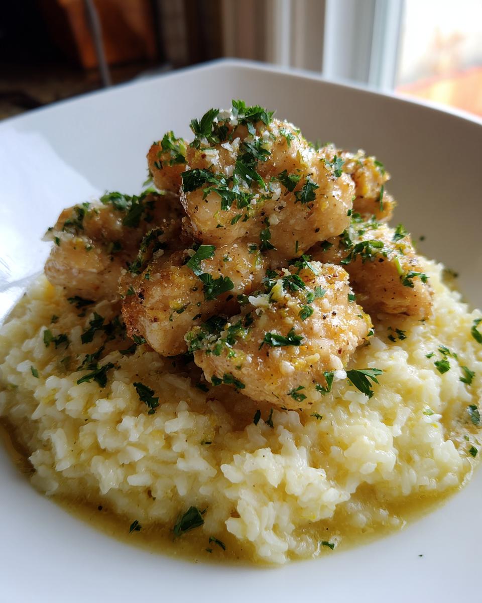 Close-up of tender chicken scampi pieces served over creamy garlic parmesan rice, topped with parsley.