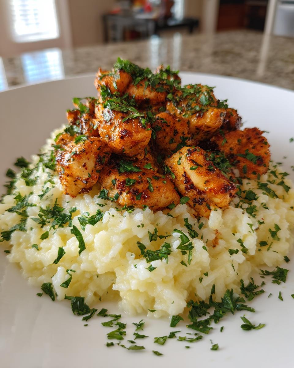 A serving of seasoned chicken scampi pieces piled atop creamy garlic parmesan rice, garnished with fresh parsley.