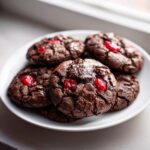 A stack of rich, dark chocolate cherry cookies with bright red cherry pieces on a white plate.