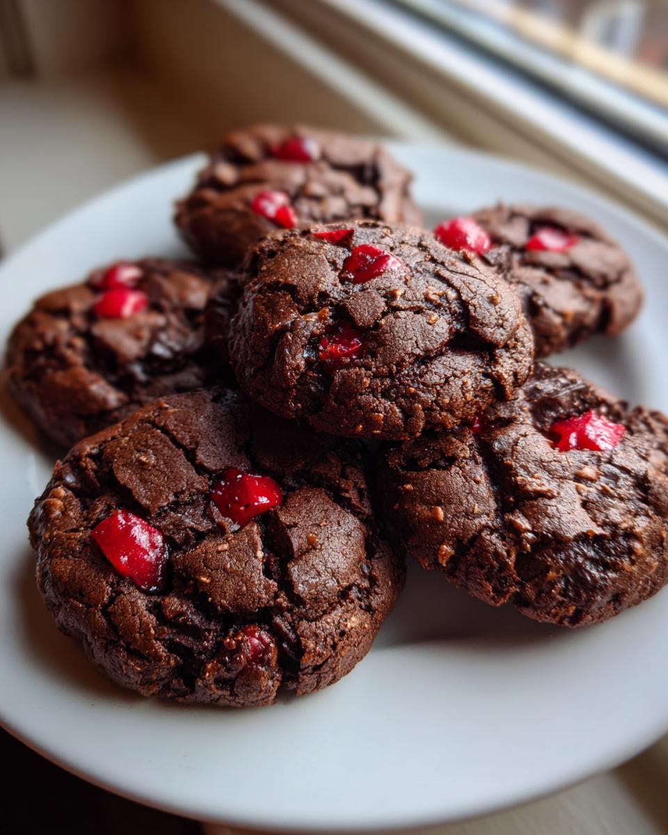 A stack of rich, dark chocolate cherry cookies topped with bright red candied cherries, sitting on a white plate.