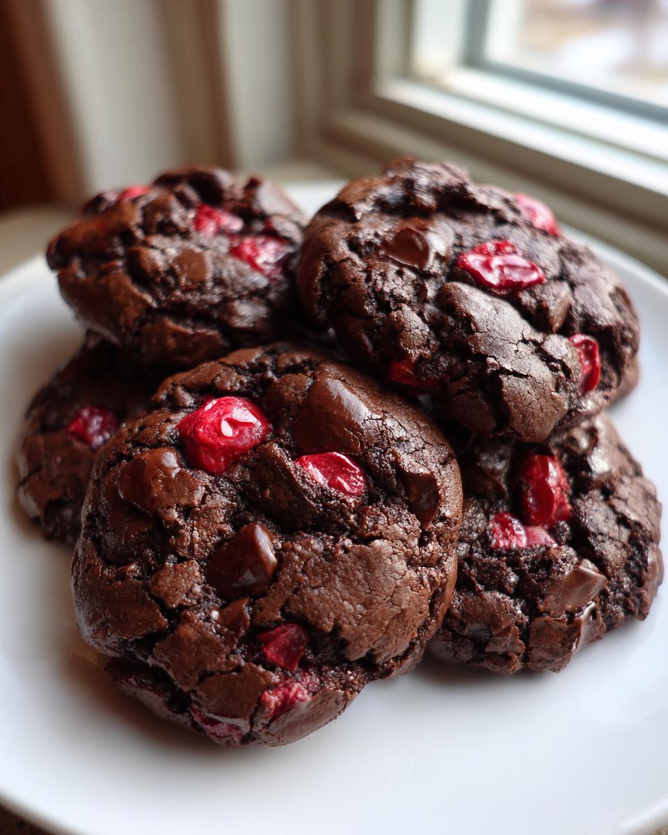 A stack of five rich, dark chocolate cherry cookies studded with bright red cherries and chocolate chips.