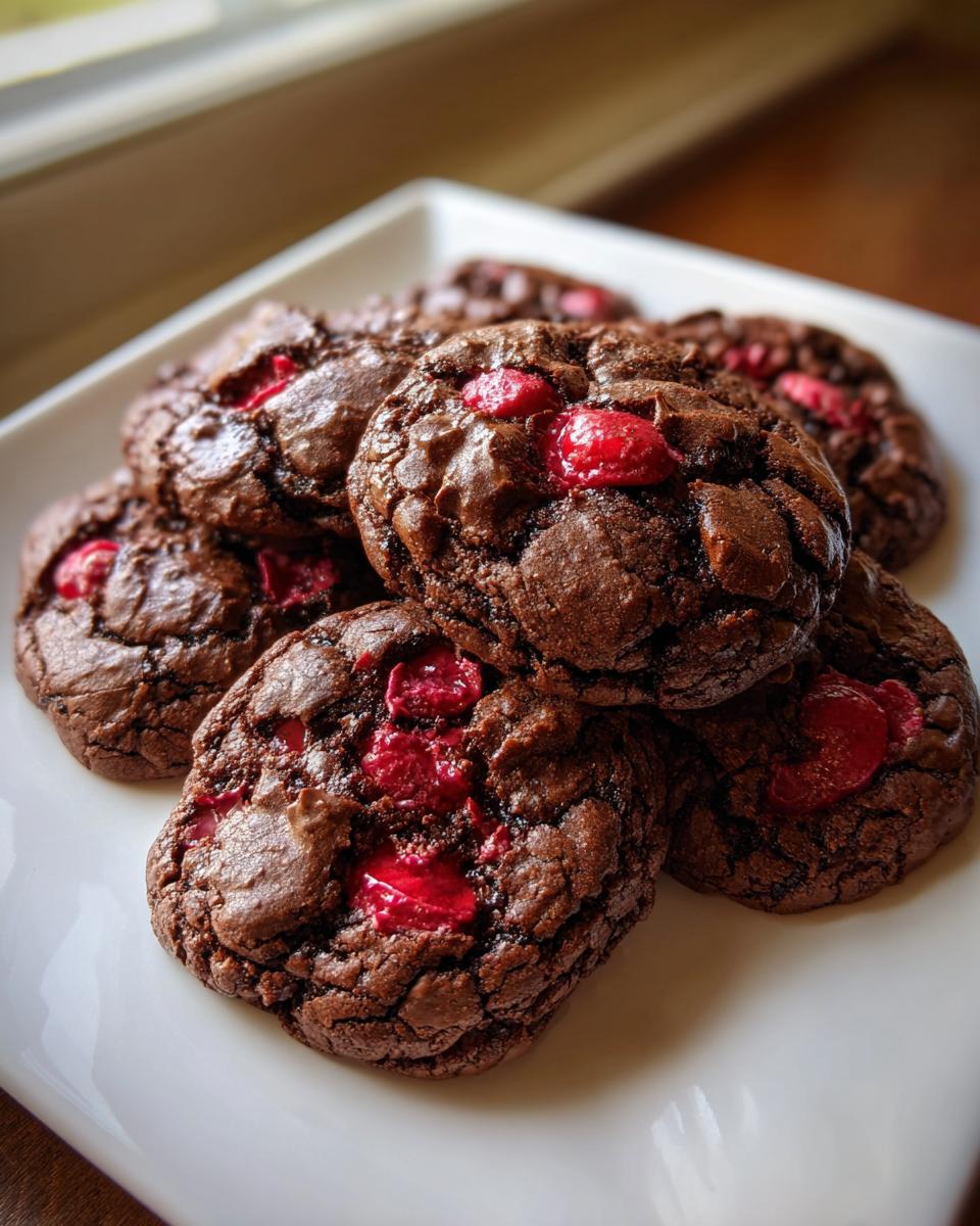 A stack of fudgy chocolate cherry cookies with bright red cherry pieces visible on top.