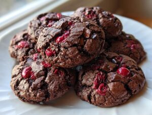 A close-up stack of rich, fudgy chocolate cherry cookies studded with bright red cherries and chocolate chunks.
