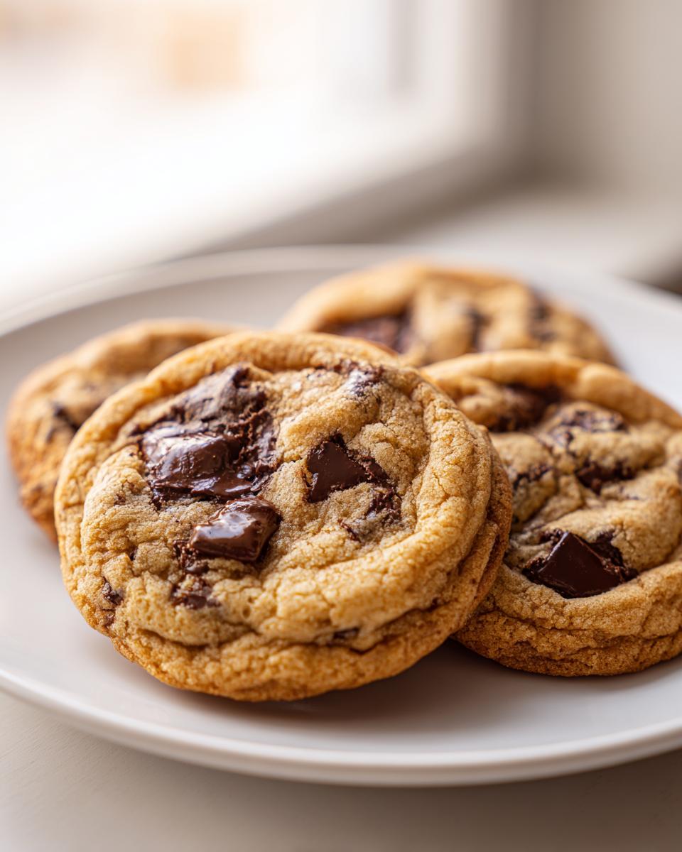 Close-up of several soft chocolate chip pudding cookies stacked on a white plate.