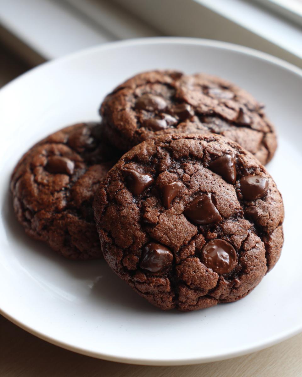 Three rich, dark chocolate pudding cookies loaded with chocolate chips resting on a white plate.