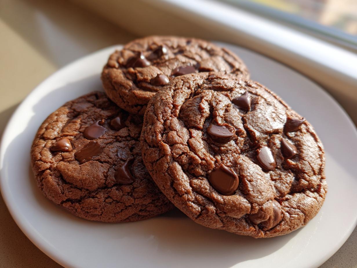 Three rich, dark chocolate pudding cookies studded with melted chocolate chips resting on a white plate.