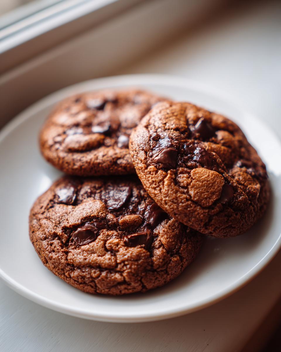 Three rich, dark chocolate pudding cookies stacked slightly on a white plate near a window.