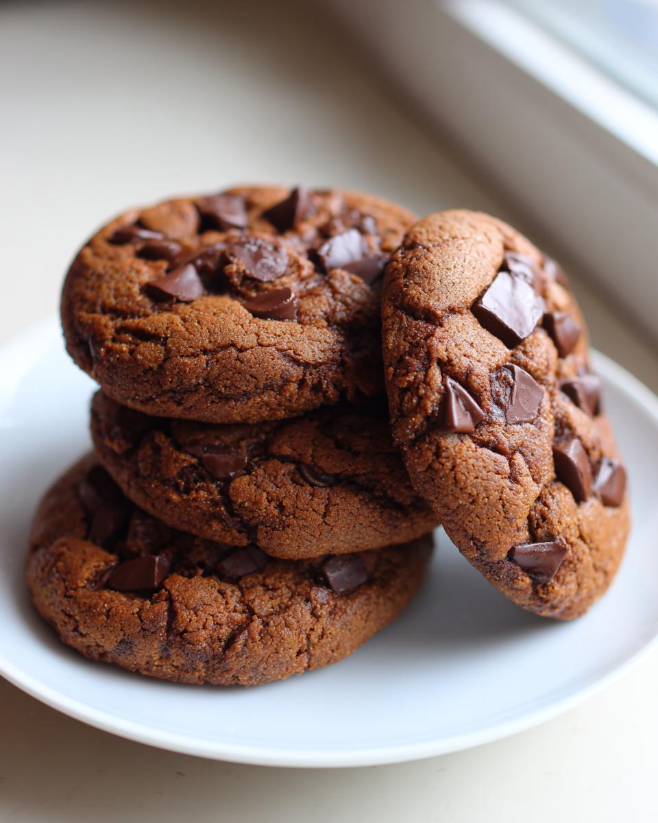 A stack of three dark chocolate pudding cookies, with one leaning against the pile, loaded with chocolate chunks.