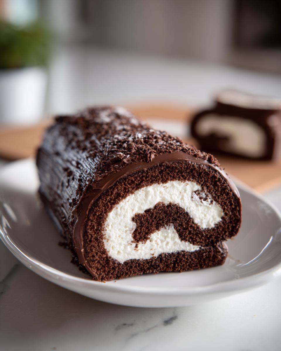 A close-up of a chocolate yule log cake slice showing rich dark chocolate frosting and a swirl of white cream filling.