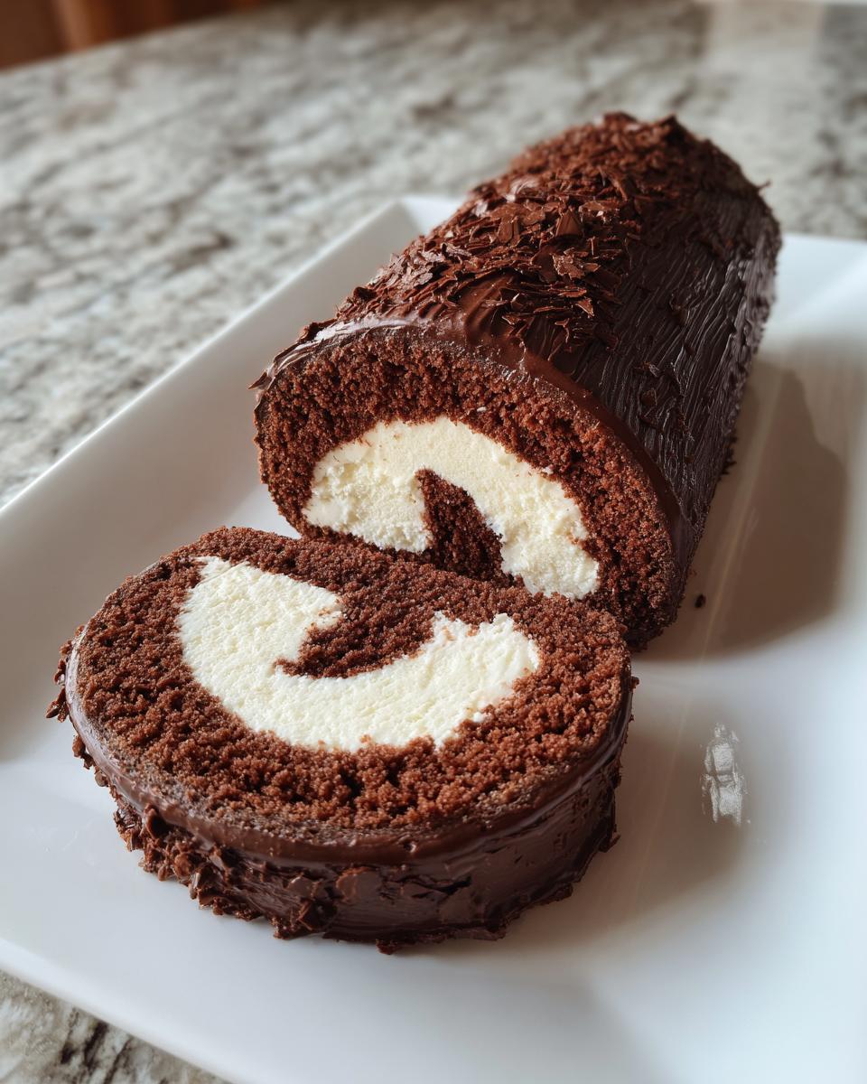A close-up of a chocolate yule log cake, sliced to show the white cream swirl filling.