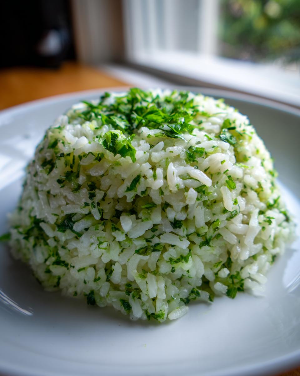 A perfectly molded mound of bright, fluffy cilantro lime rice topped with fresh chopped herbs on a white plate.