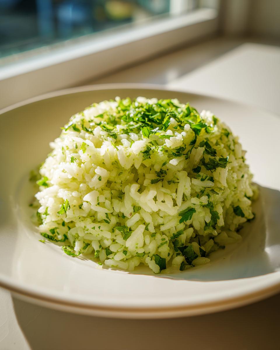 A perfectly molded serving of bright cilantro lime rice topped with fresh chopped cilantro, sitting on a light plate.