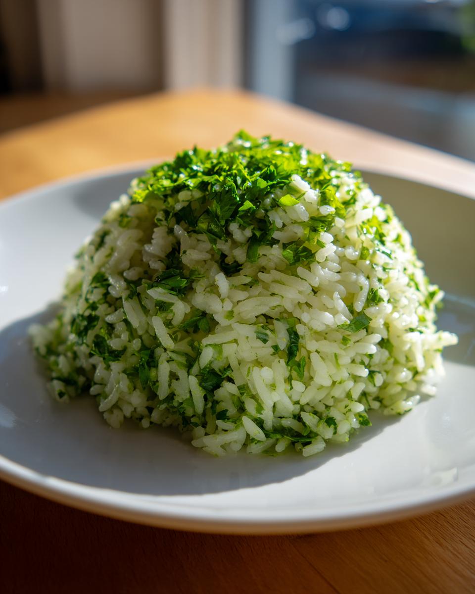 A perfectly molded serving of fluffy cilantro lime rice generously topped with bright green chopped cilantro.