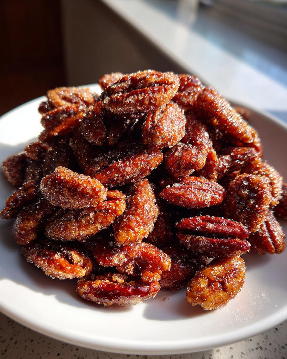 A close-up of a pile of glossy, candied cinnamon sugar pecans glistening with sugar crystals.