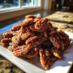 Close-up of a mound of glistening cinnamon sugar pecans piled high on a white rectangular plate.