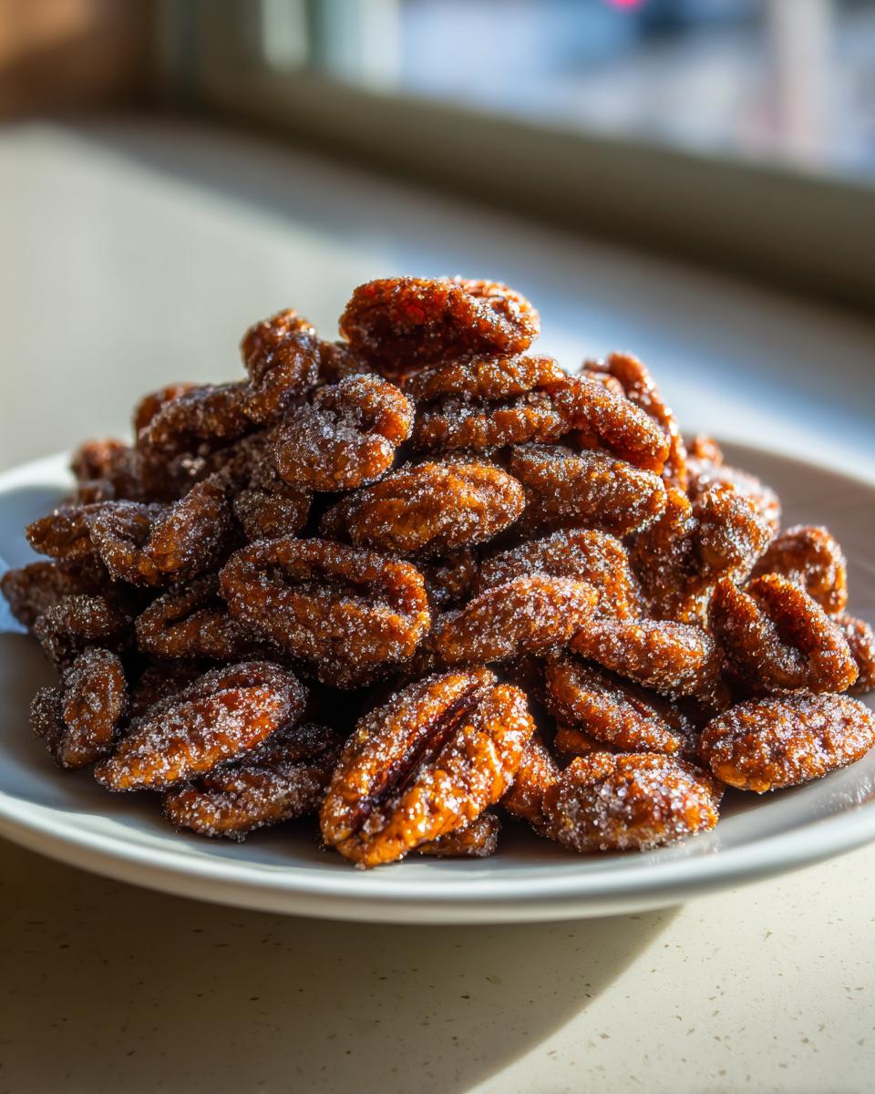 A mound of glistening cinnamon sugar pecans piled high on a white plate, catching the sunlight.