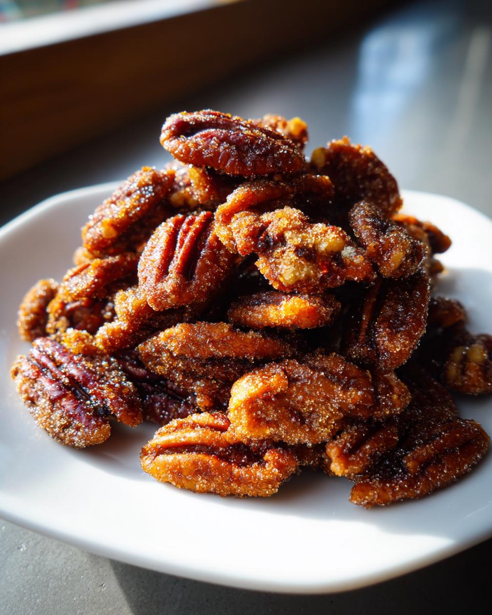 A close-up of a mound of freshly made cinnamon sugar pecans coated in glistening sugar crystals.