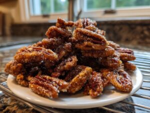 A close-up shot of a mound of glistening cinnamon sugar pecans piled high on a small white plate.