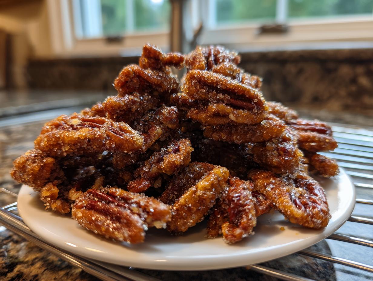 A close-up shot of a mound of glistening cinnamon sugar pecans piled high on a small white plate.