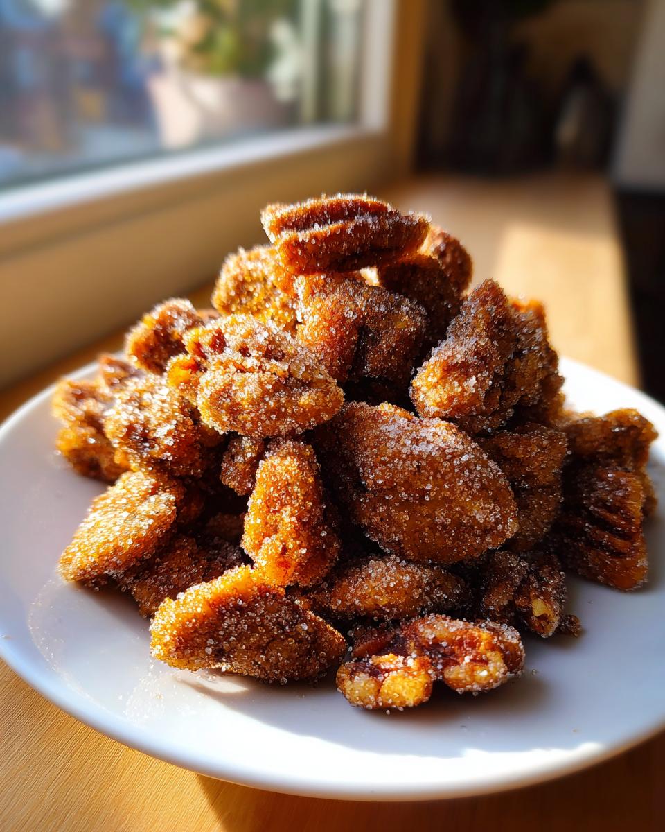 A close-up, sunlit photo of a mound of homemade cinnamon sugar pecans piled high on a white plate.