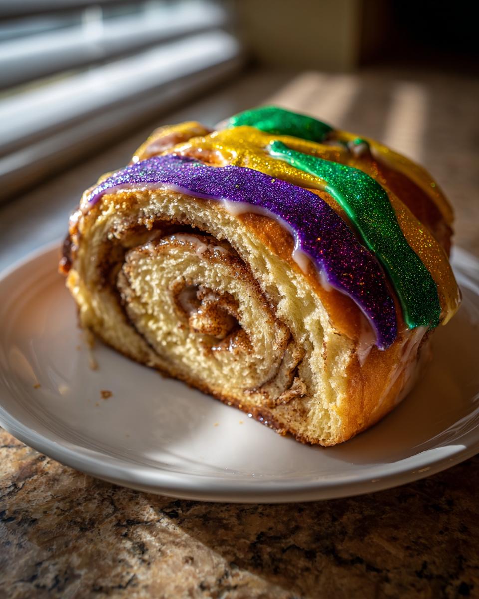 A close-up slice of homemade King Cake showing cinnamon swirl layers and vibrant purple, gold, and green sparkly icing.