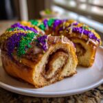 A slice cut from a cinnamon swirl King Cake, topped with purple, green, and gold sprinkles and white icing.