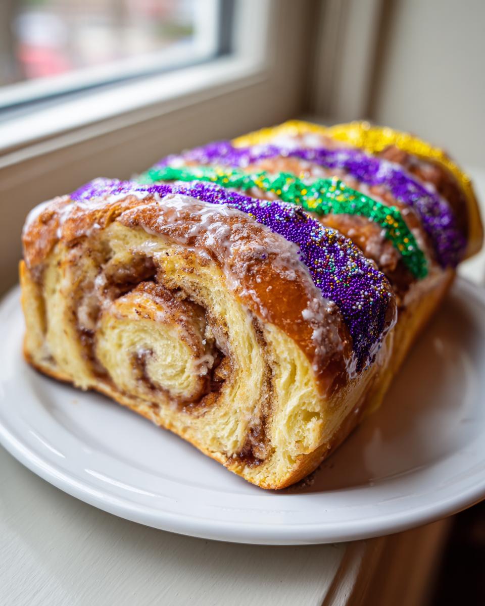 A cross-section slice of a cinnamon swirl King Cake topped with purple, green, and yellow Mardi Gras sprinkles.