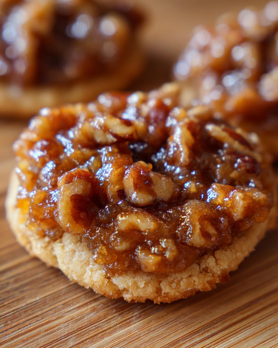 A close-up shot of a single, delicious pecan pie cookie topped with gooey caramel and chopped pecans.