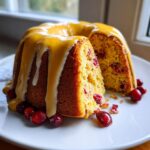 A slice cut from a moist cranberry orange cake, topped with a thick orange glaze and garnished with fresh cranberries.