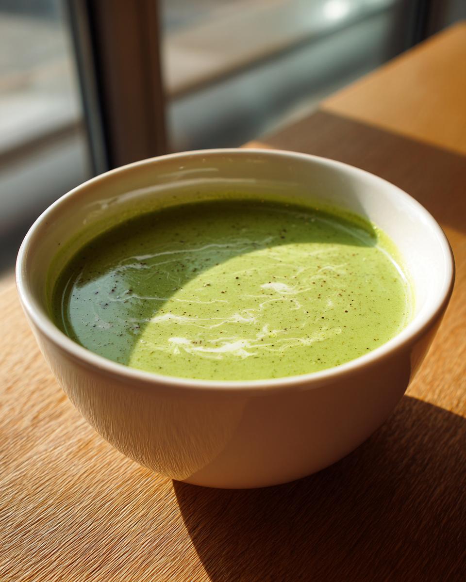 A close-up of a white bowl filled with vibrant green asparagus soup, drizzled with cream and pepper.