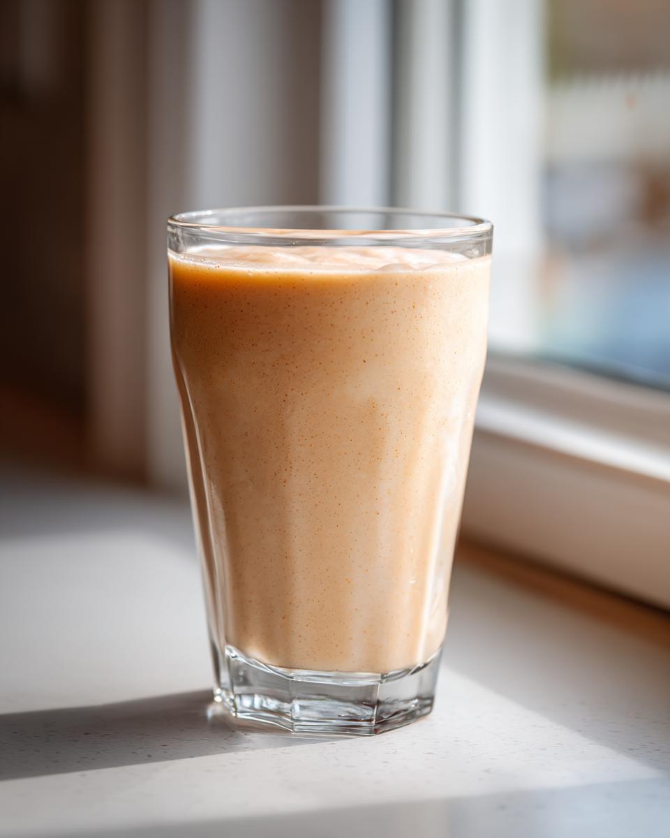 A tall glass filled with a thick, creamy banana smoothie, sitting on a counter near a bright window.