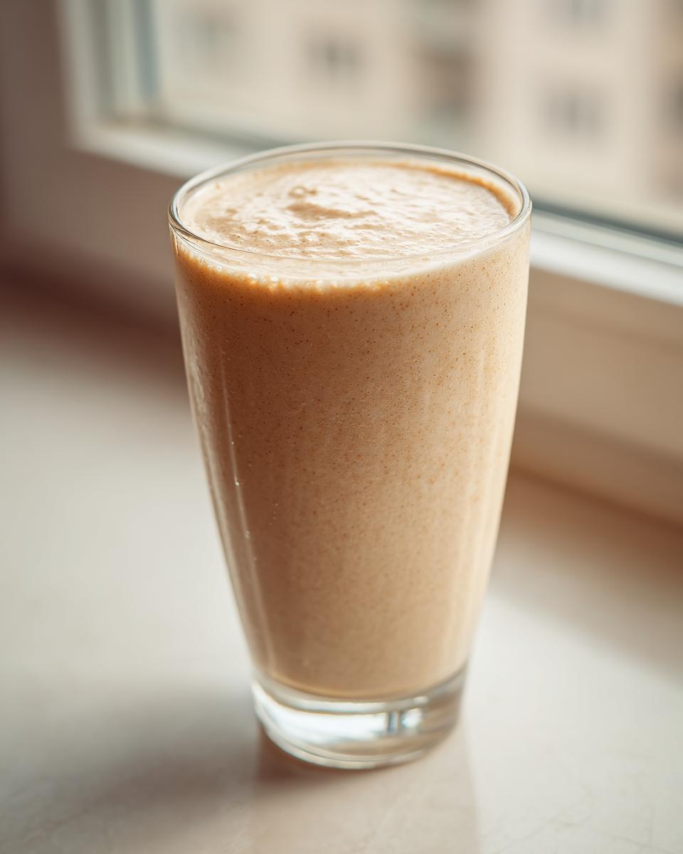 A tall glass filled with a thick, creamy banana smoothie resting on a windowsill.