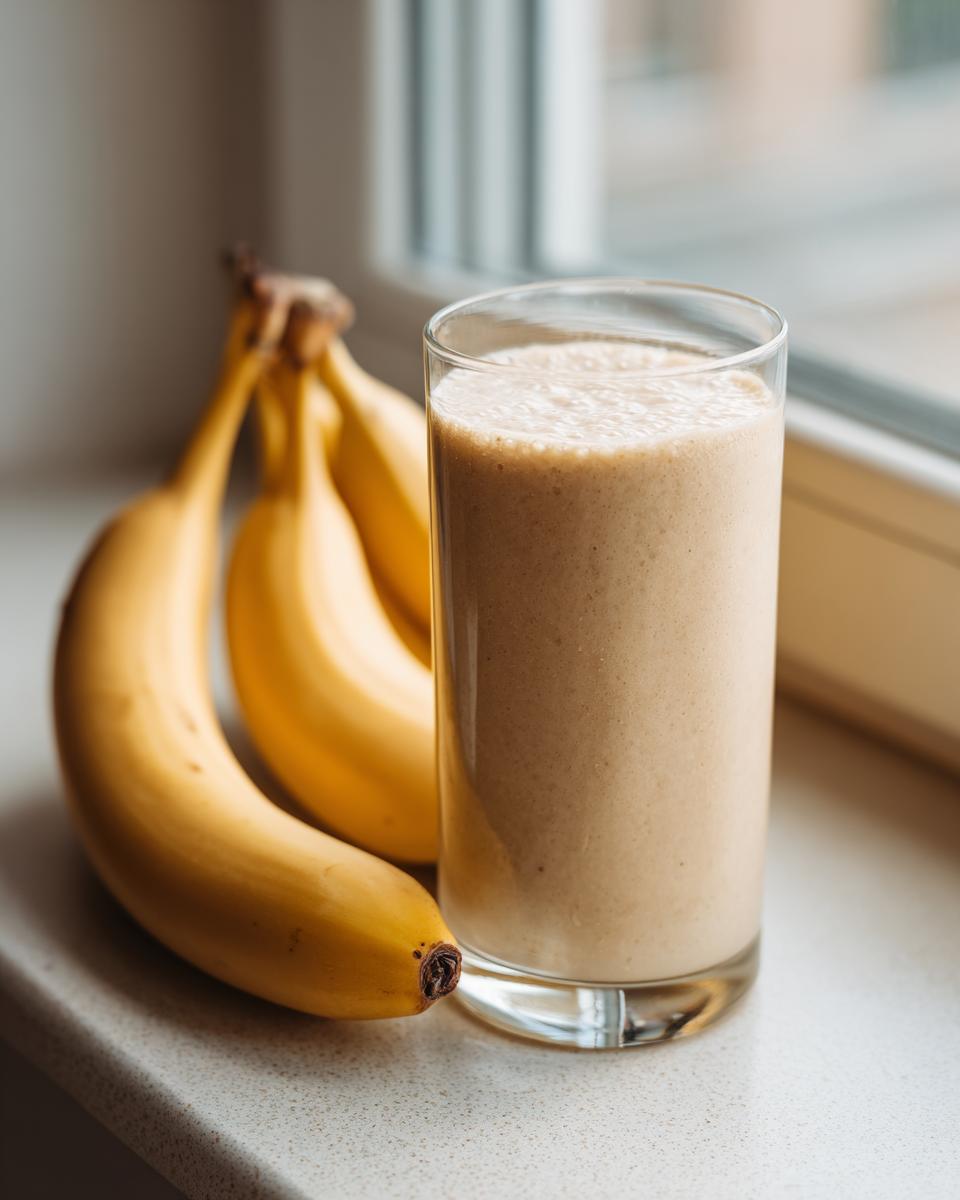 A tall glass of creamy banana smoothie sits next to a bunch of fresh bananas on a light countertop.