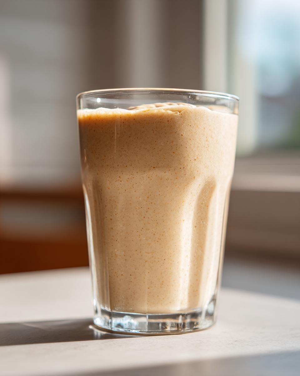 Close-up of a thick, creamy banana smoothie served in a clear glass, catching natural sunlight.