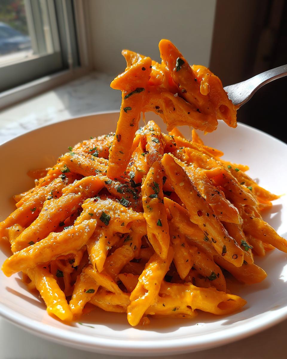 A fork lifts penne pasta coated in vibrant orange butternut squash pasta sauce, garnished with herbs.