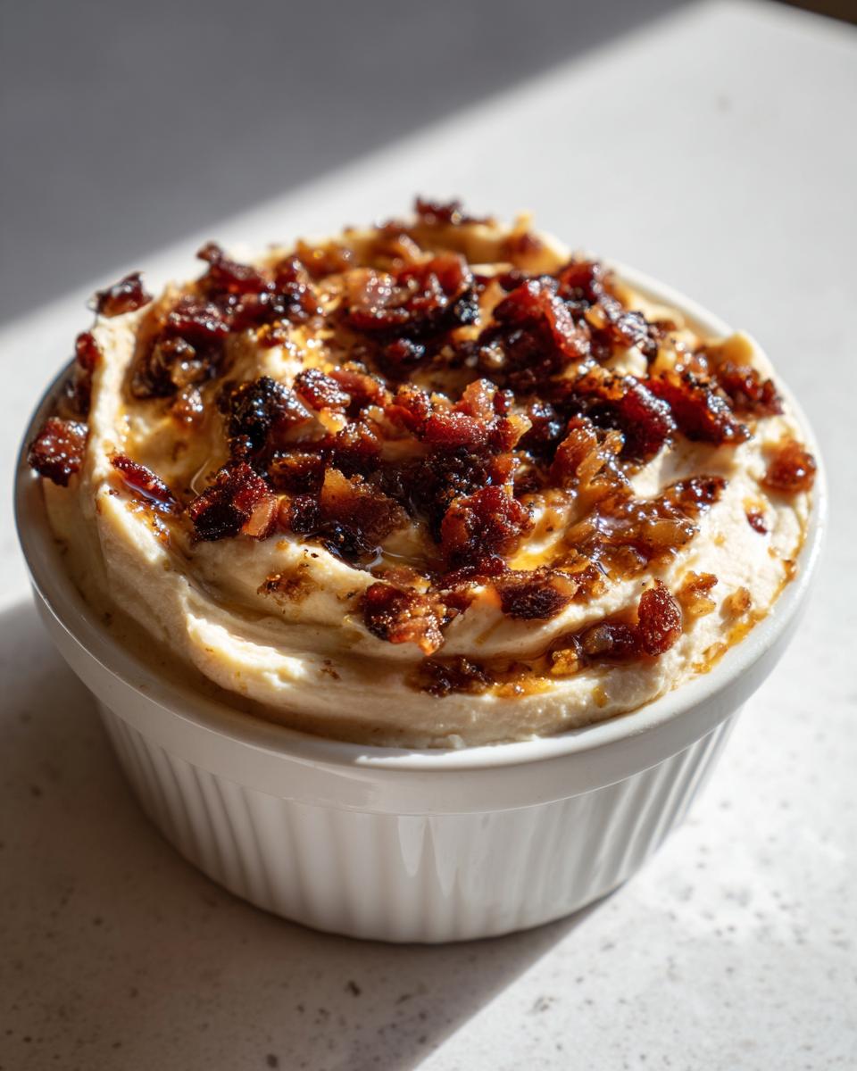 Close-up of creamy caramelized onion dip topped generously with crispy bacon bits.