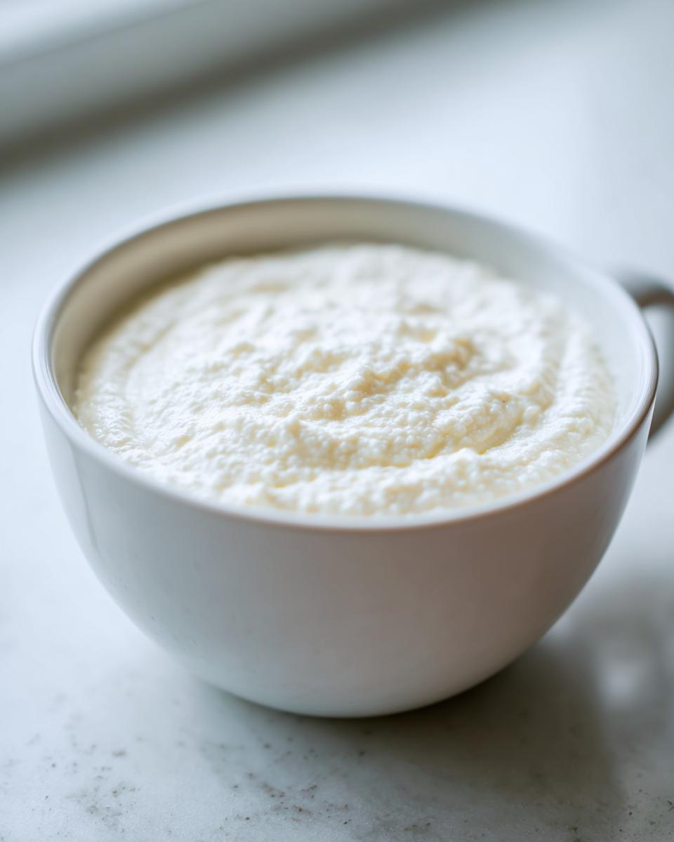 Close-up of thick, creamy cauliflower soup served in a white mug or bowl on a light marble surface.