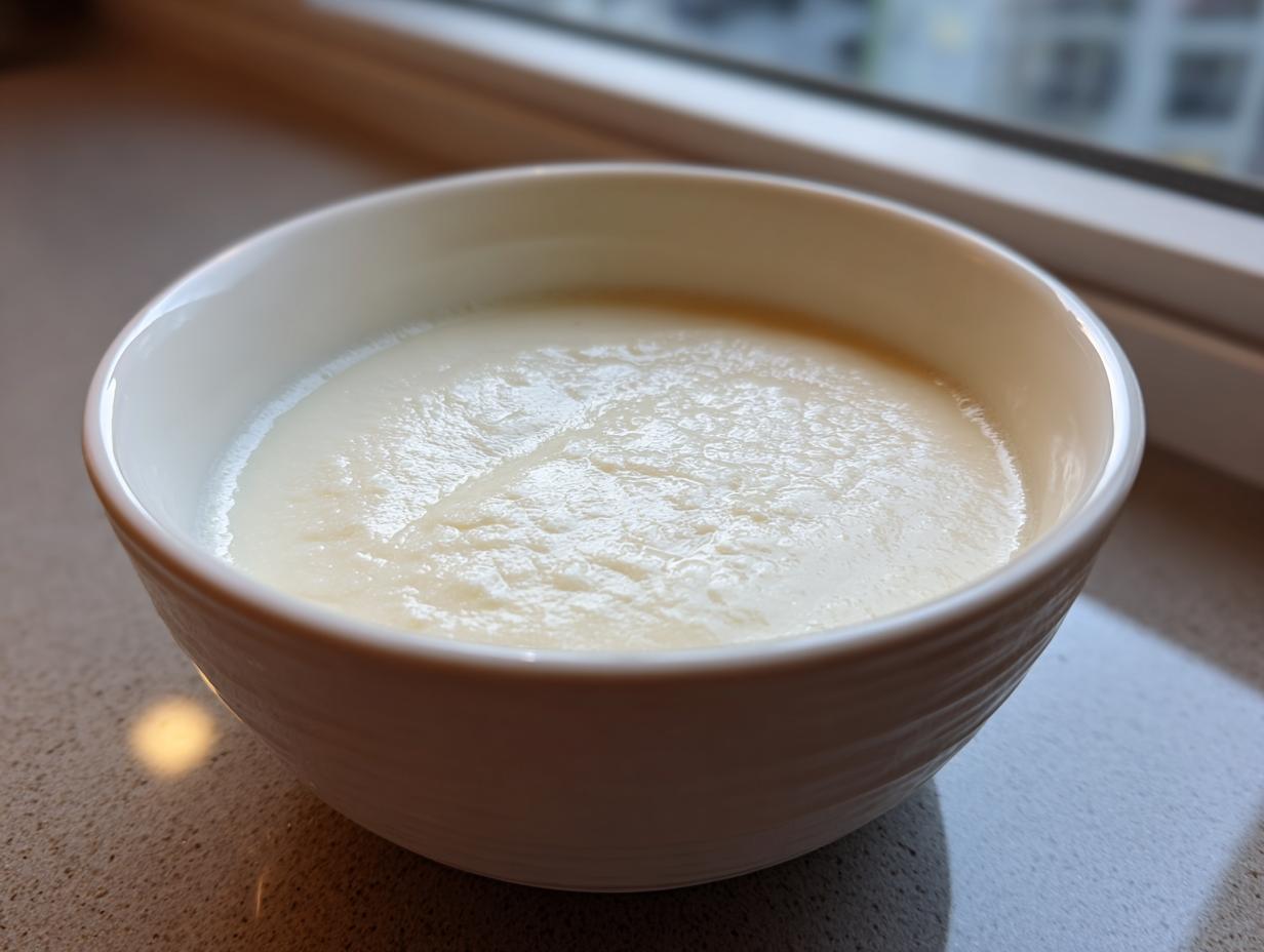 A close-up of a white bowl filled with smooth, creamy cauliflower soup, set near a window.