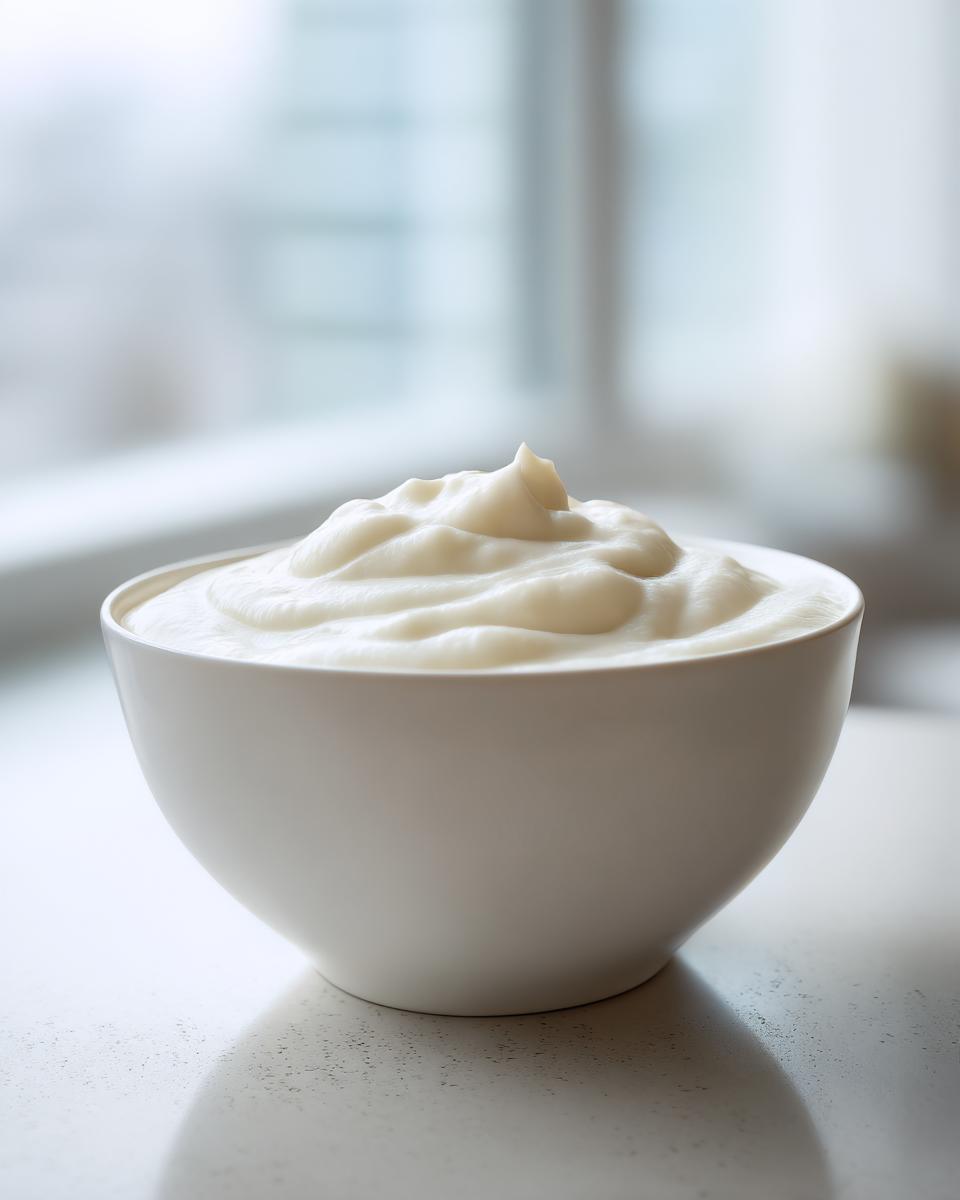Close-up of smooth, creamy cauliflower soup served in a white bowl, showing soft peaks.