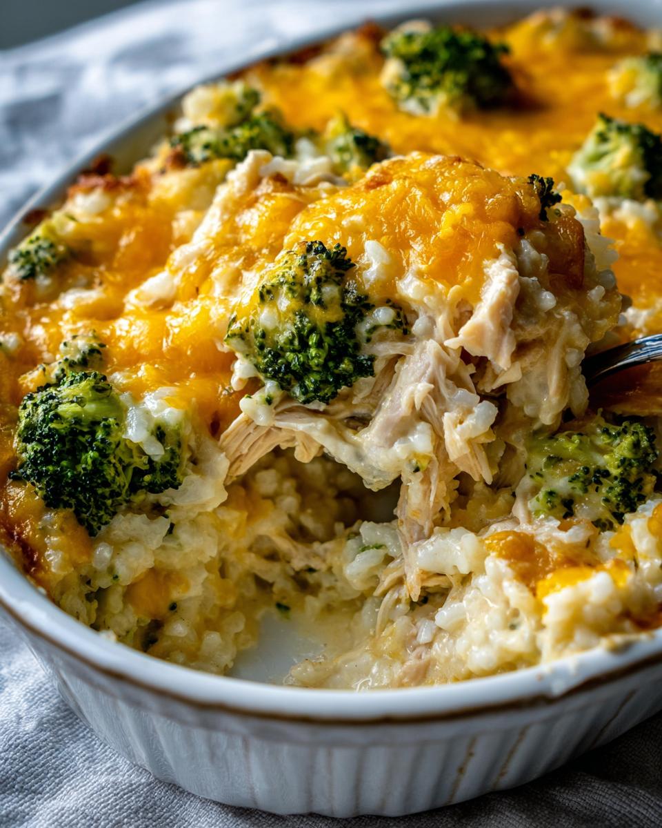 A serving spoon lifts a portion of creamy chicken broccoli rice casserole topped with melted cheddar cheese.
