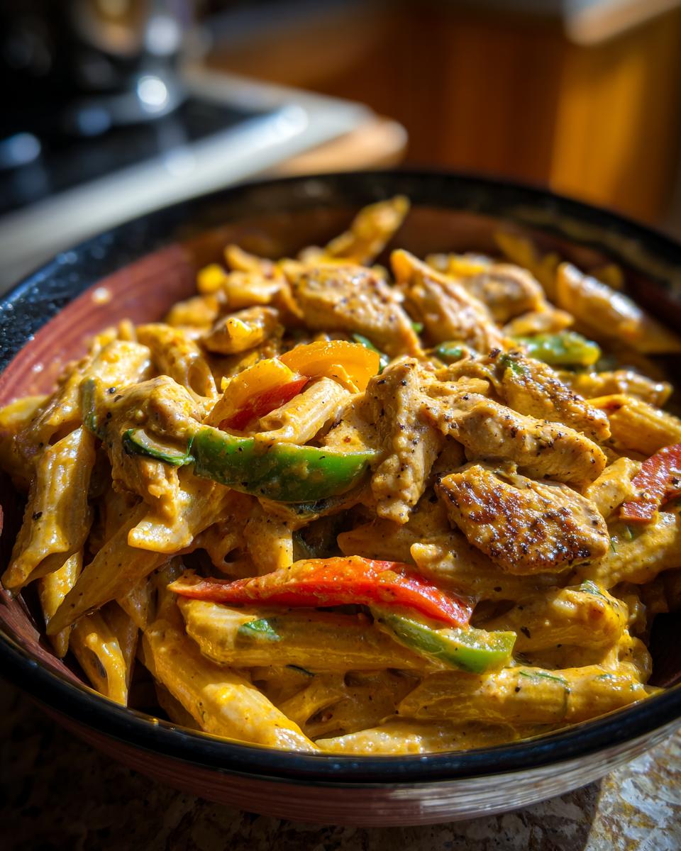 Close-up of creamy Rasta Pasta featuring penne, seasoned chicken strips, and colorful bell peppers.